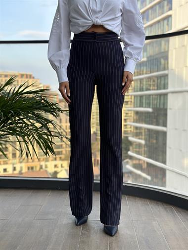 Lacivert Çizgili Yüksek Bel Geniş Paça Likralı Krep Kadın Pantolon