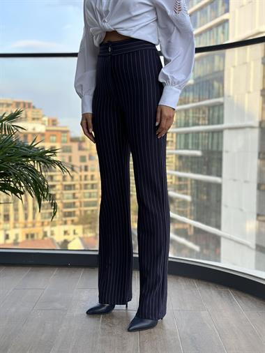 Lacivert Çizgili Yüksek Bel Geniş Paça Likralı Krep Kadın Pantolon