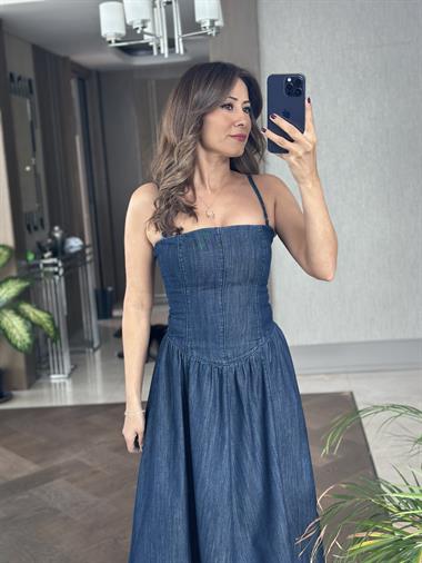 Lacivert Denim Çıkarılabilir Askılı Straplez Maksi Boy Kadın Elbise