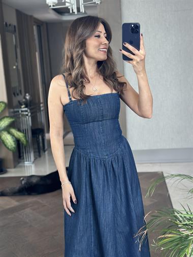 Lacivert Denim Çıkarılabilir Askılı Straplez Maksi Boy Kadın Elbise