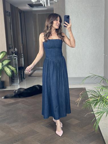 Lacivert Denim Çıkarılabilir Askılı Straplez Maksi Boy Kadın Elbise
