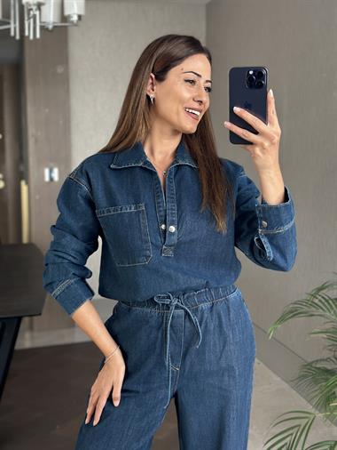 Lacivert Denim Gömlek Bol Paça Pantolon Kadın Alt Üst Takım