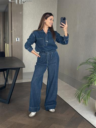 Lacivert Denim Gömlek Bol Paça Pantolon Kadın Alt Üst Takım