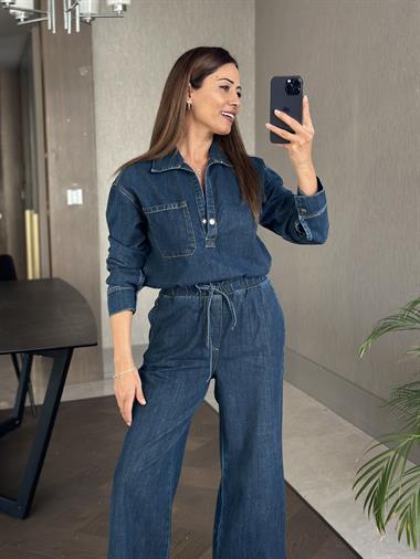 Lacivert Denim Gömlek Bol Paça Pantolon Kadın Alt Üst Takım