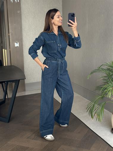 Lacivert Denim Gömlek Bol Paça Pantolon Kadın Alt Üst Takım