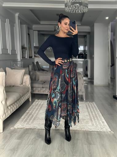 Lacivert Desenli Asimetrik Midi Boy Kadın Şifon Etek
