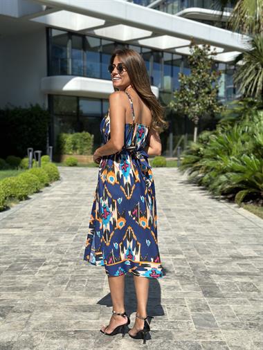 Lacivert Desenli Ayarlanabilir Askılı Anvelop Kadın Elbise