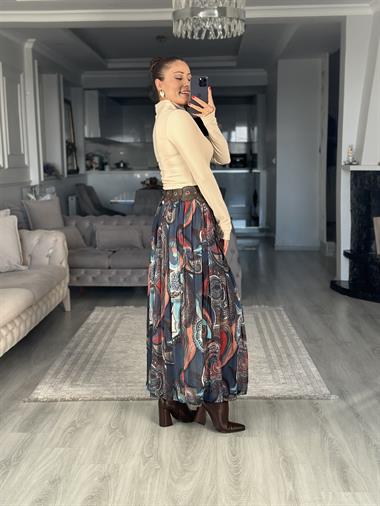 Lacivert Desenli Düz Kesim Midi Boy Kadın Şifon Etek