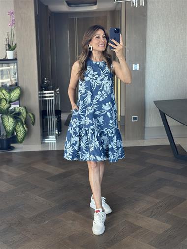 Lacivert Desenli Tnsl Denim Sıfır Kol Kadın Çan Elbise