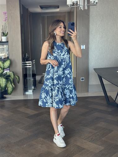 Lacivert Desenli Tnsl Denim Sıfır Kol Kadın Çan Elbise