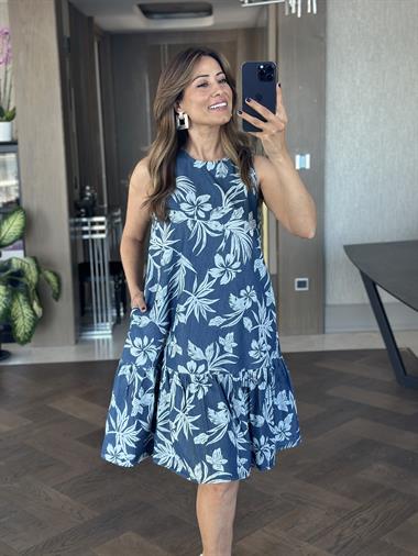 Lacivert Desenli Tnsl Denim Sıfır Kol Kadın Çan Elbise