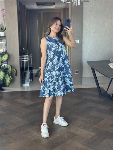 Lacivert Desenli Tnsl Denim Sıfır Kol Kadın Çan Elbise