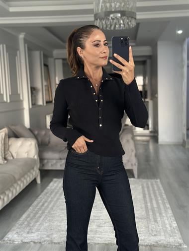 Lacivert Dik Yaka Çıtçıt Düğmeli Kadın Triko Kazak