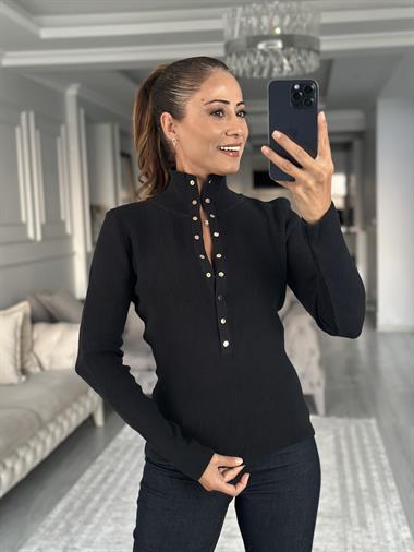 Lacivert Dik Yaka Çıtçıt Düğmeli Kadın Triko Kazak