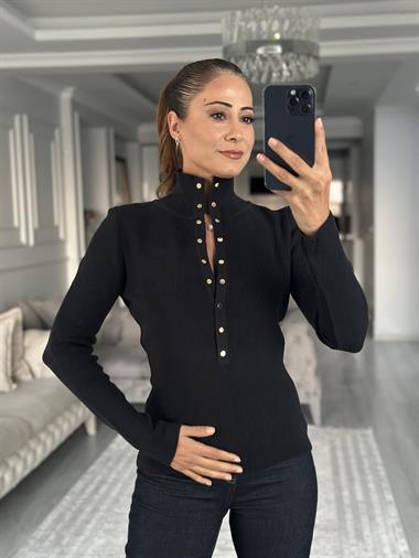 Lacivert Dik Yaka Çıtçıt Düğmeli Kadın Triko Kazak