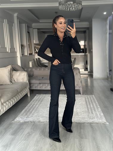 Lacivert Dik Yaka Çıtçıt Düğmeli Kadın Triko Kazak