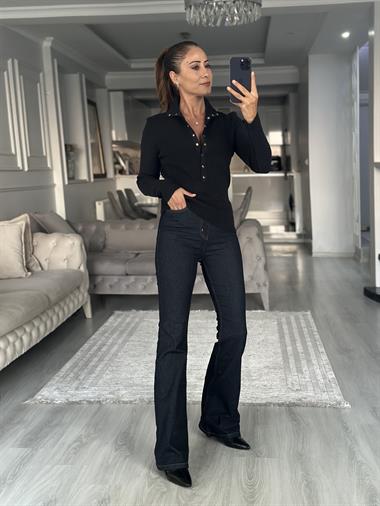 Lacivert Dik Yaka Çıtçıt Düğmeli Kadın Triko Kazak