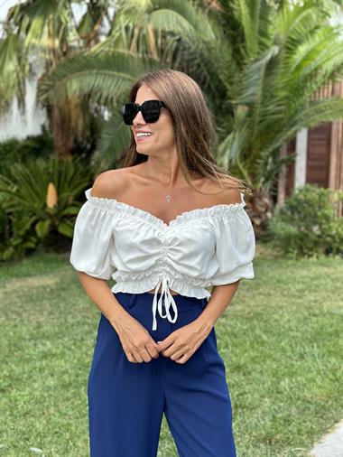 Lacivert Dökümlü Krep Aerobin Palazzo  Kadın Pantolon