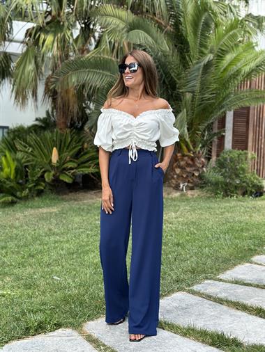 Lacivert Dökümlü Krep Aerobin Palazzo  Kadın Pantolon