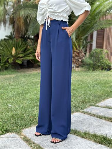 Lacivert Dökümlü Krep Aerobin Palazzo  Kadın Pantolon