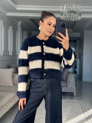 Lacivert Ekru  Şeritli Sakallı Kadın Triko Hırka