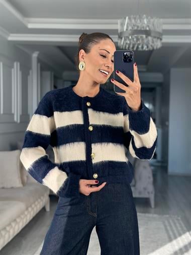 Lacivert Ekru  Şeritli Sakallı Kadın Triko Hırka