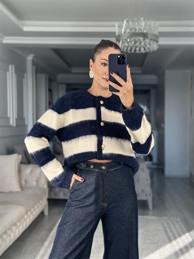 Lacivert Ekru  Şeritli Sakallı Kadın Triko Hırka