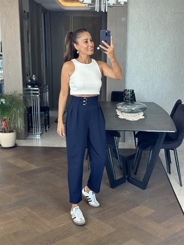 Lacivert Ekstra Yüksek Bel Tokalı Marka Model Kadın Pantolon