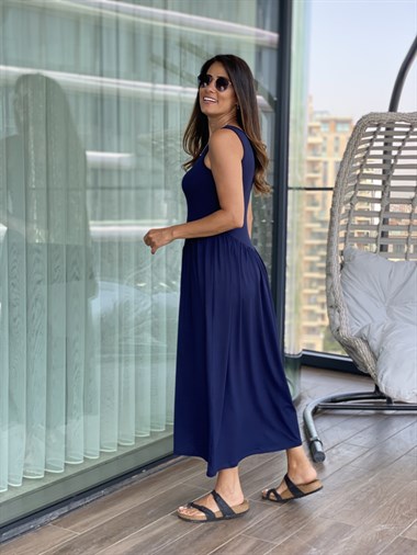 Lacivert  Eteği Büzgülü Penye Elbise