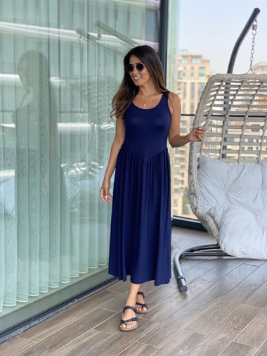 Lacivert  Eteği Büzgülü Penye Elbise