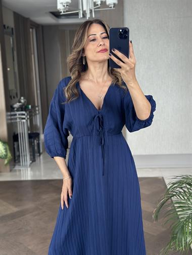 Lacivert Fakir Kol Beli Lastikli  Kadın Maksi Boy Elbise