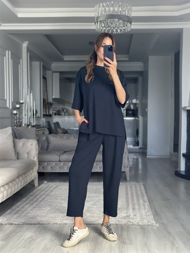 Lacivert Fakir Kol Yırtmaçlı Oversize Modal Kadın İkili Takım