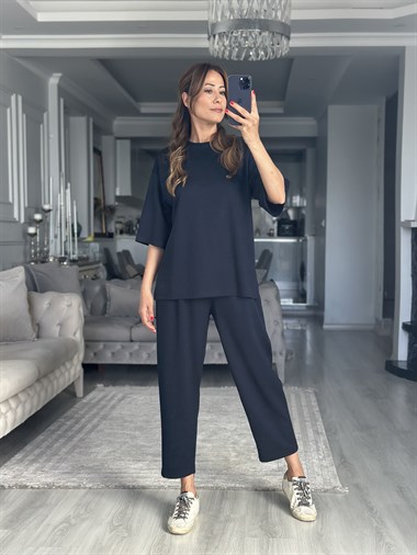 Lacivert Fakir Kol Yırtmaçlı Oversize Modal Kadın İkili Takım