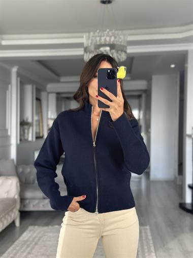 Lacivert Fermuarlı Dik Yaka Kadın Triko Hırka