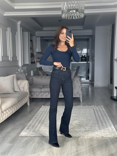 Lacivert Fitilli Kaşkorse Uzun Kol U Yaka Kadın Body