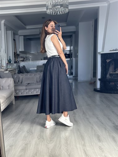 Lacivert Fular Kuşaklı Midi Boy Denim Kadın Etek