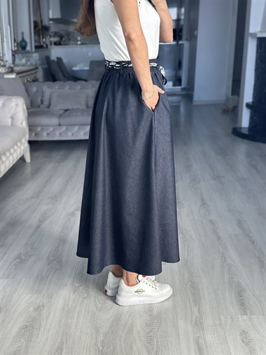 Lacivert Fular Kuşaklı Midi Boy Denim Kadın Etek