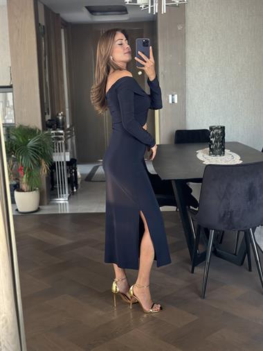 Lacivert Göbek Dekolteli Büzgülü Sandy Kadın Elbise