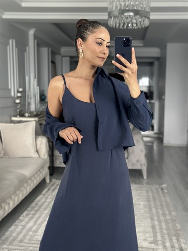 Lacivert Gömlek Ve Elbise Kadın İkili Takım