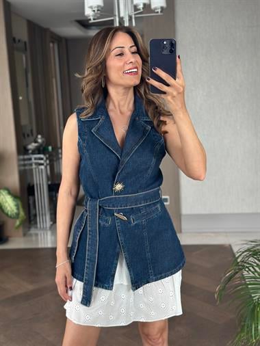 Lacivert Güneş Serisi Kuşaklı Denim Kadın Yelek