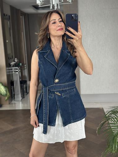 Lacivert Güneş Serisi Kuşaklı Denim Kadın Yelek