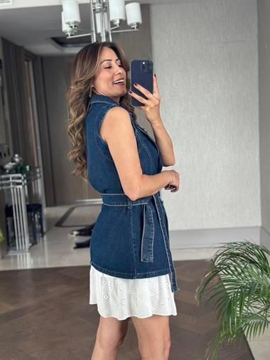 Lacivert Güneş Serisi Kuşaklı Denim Kadın Yelek