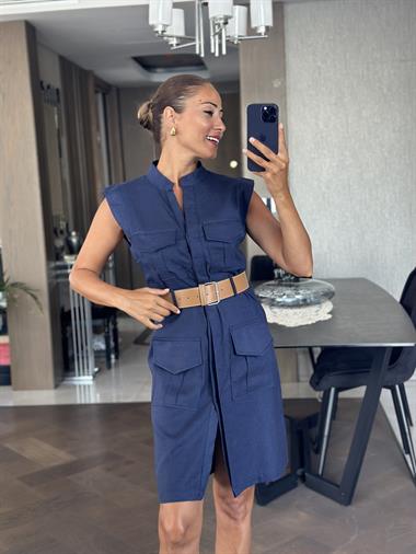 Lacivert Hakim Yaka Kemerli Dört Cepli Keten Kadın Mini Elbise