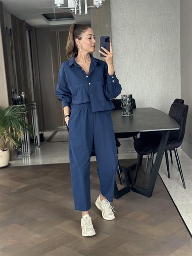 Lacivert İki Cepli Gömlek Pantolon Kadın İkili Takım