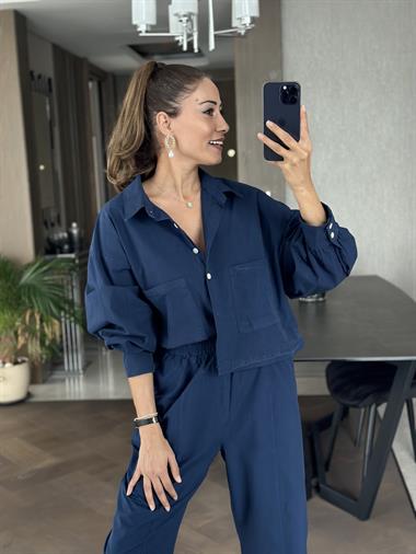 Lacivert İki Cepli Gömlek Pantolon Kadın İkili Takım