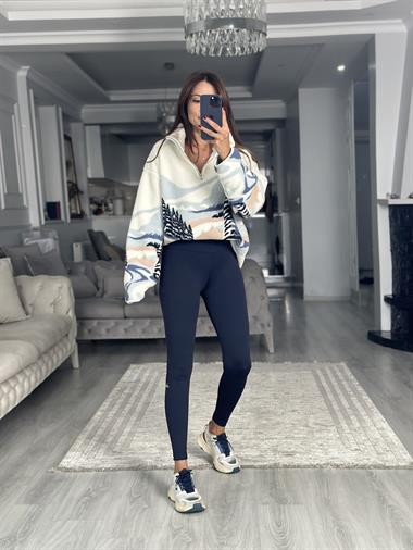 Lacivert Kabartma Logo Detaylı Yüksek Bel Kadın Tayt