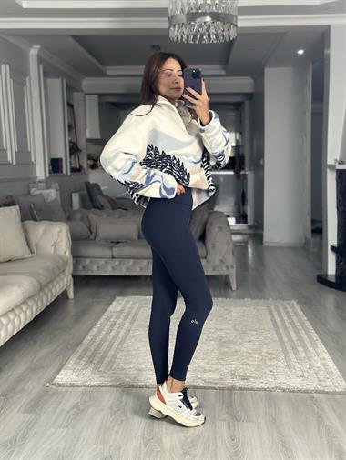 Lacivert Kabartma Logo Detaylı Yüksek Bel Kadın Tayt