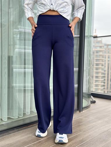 Lacivert Kalın Kemerli Likralı Krep Palazzo Kadın Pantolon