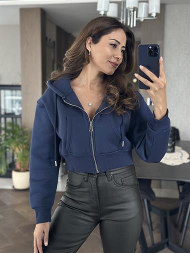 Lacivert Kanguru Cep Fermuarlı Kapüşonlu Kadın Crop Sweatshirt