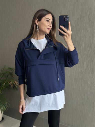 Lacivert Kapüşonlu Yarım Fermuarlı Kanguru Cep Modal Kadın Sweatshirt